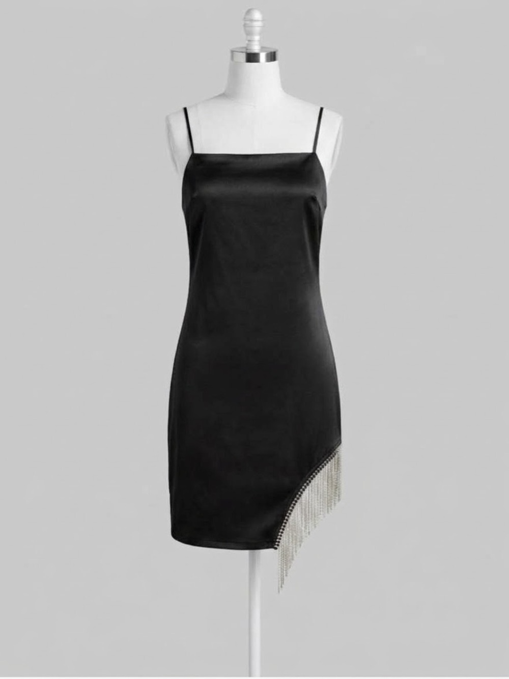 Black Satin Rhinestone Fringe Mini Dress